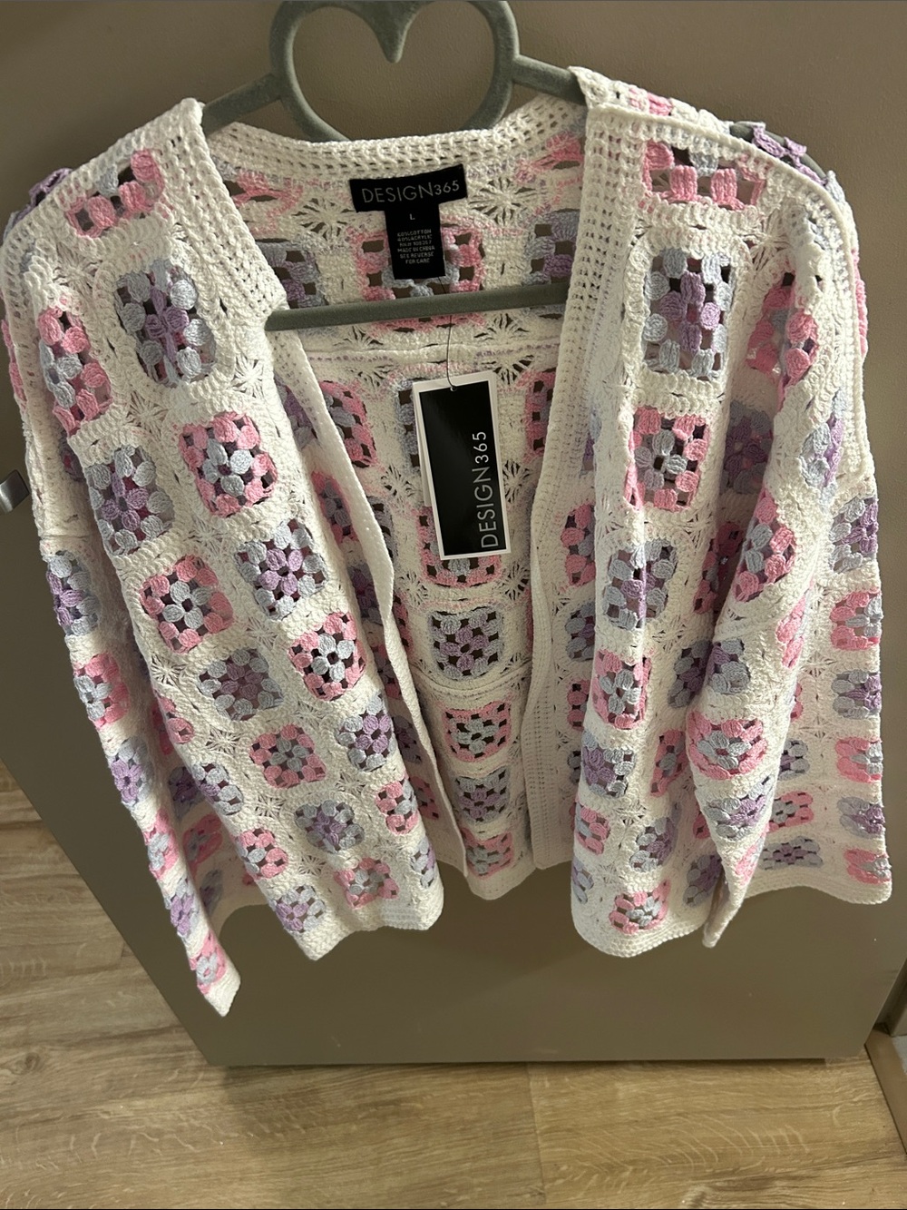 Design 365 White Crochet Cardigan with Pink & Lavender Accents